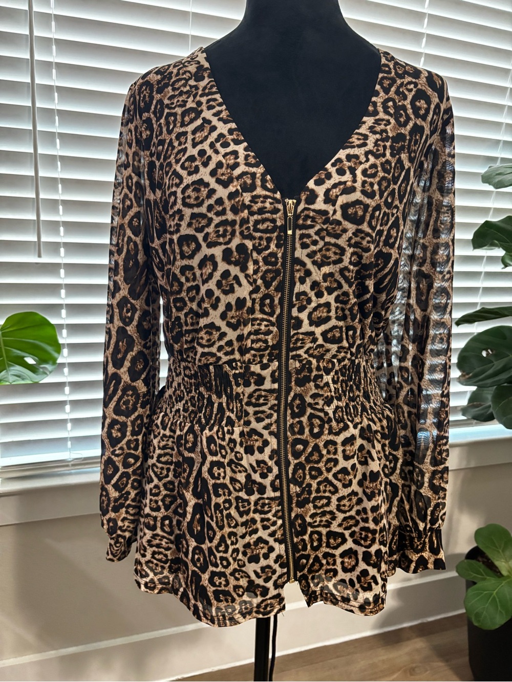 Leopard Print Zip-Front Peplum Top - Brown & Black